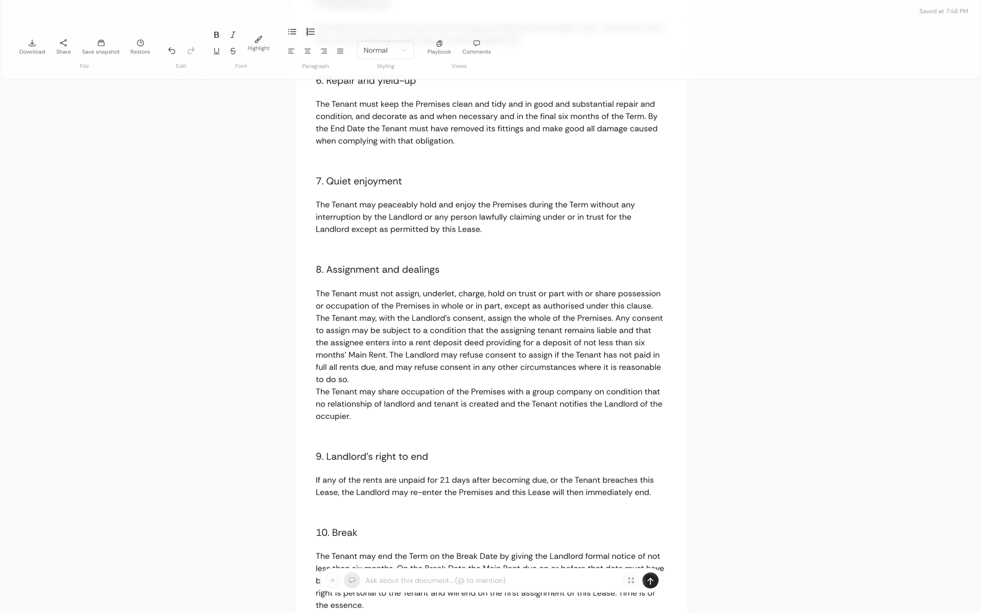 Collaborative editor open on a headquarters lease draft