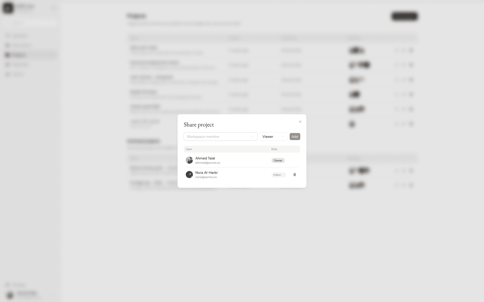 Qanu share dialog for inviting editors and viewers on a matter document