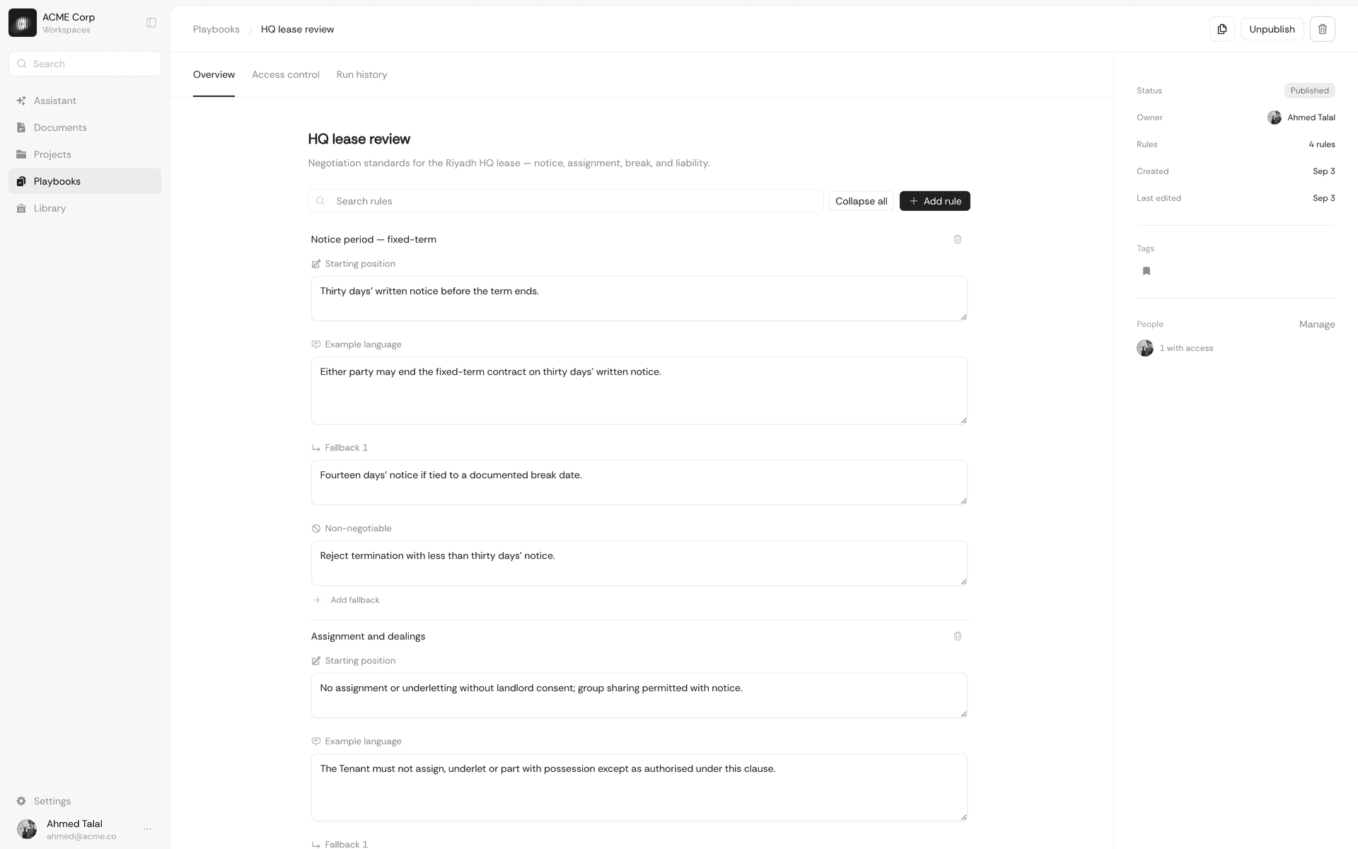 Qanu playbook for a lease review, with starting position, fallback, and non-negotiable rules