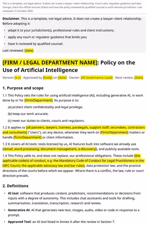 First page of the AI use policy template in English