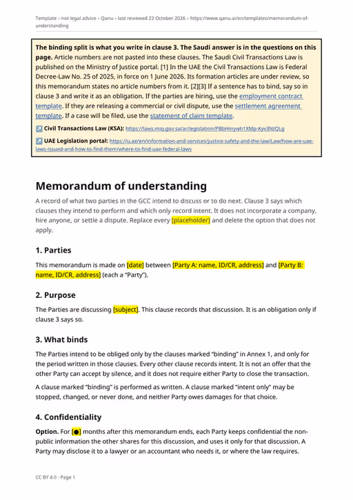 First page of the memorandum of understanding template in English, showing the binding-split notice