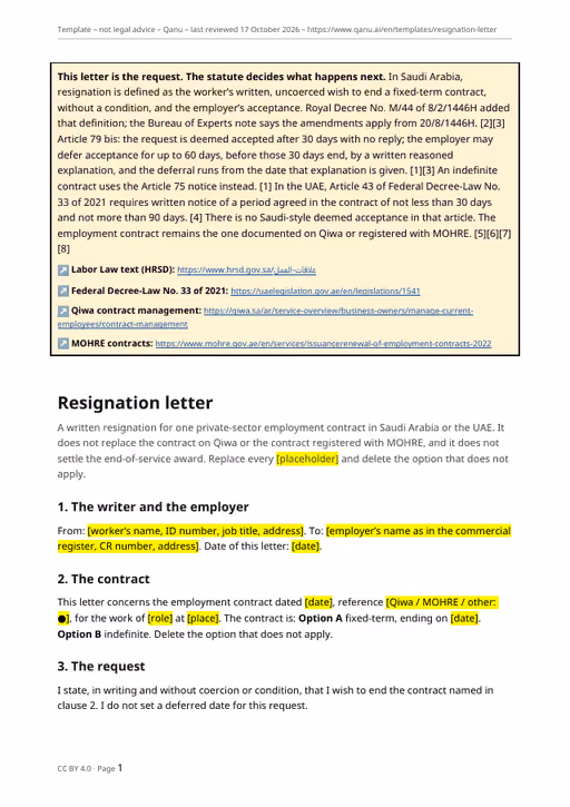 First page of the resignation letter template in English, showing the statutory notice and the parties