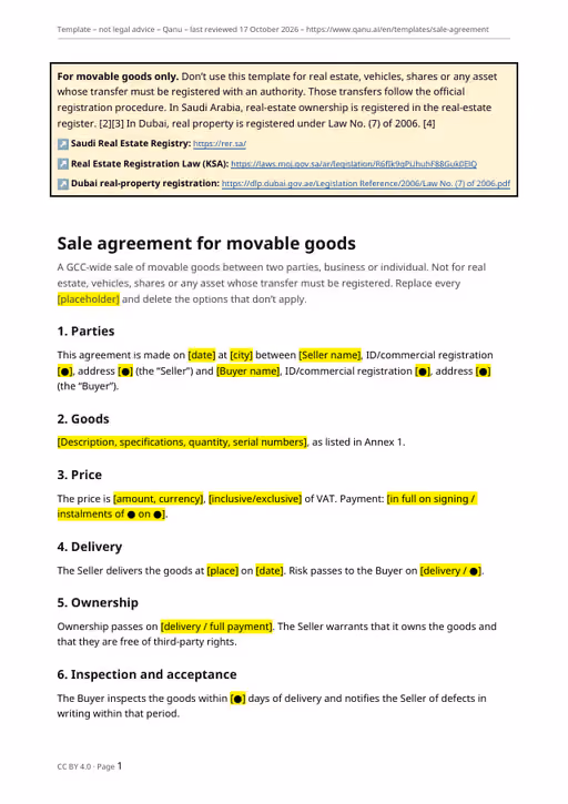 First page of the sale agreement template in English, showing the movable-goods notice and the parties clause
