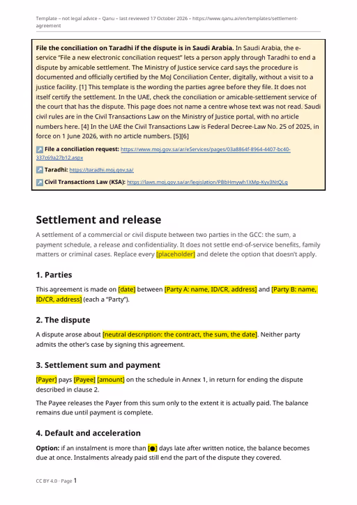 First page of the settlement agreement template in English, showing the Taradhi notice and the parties clause
