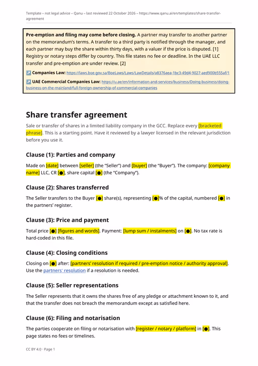 First page of the share transfer template in English, showing the pre-emption notice