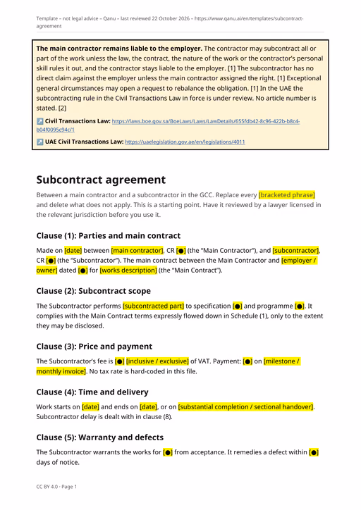 First page of the subcontract agreement template in English, showing the main-contract notice