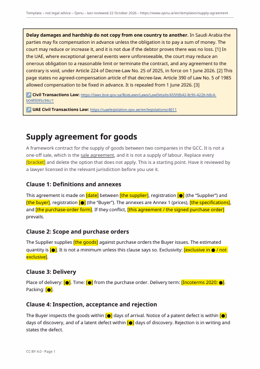 First page of the supply agreement template in English, showing the delay-damages and hardship notice